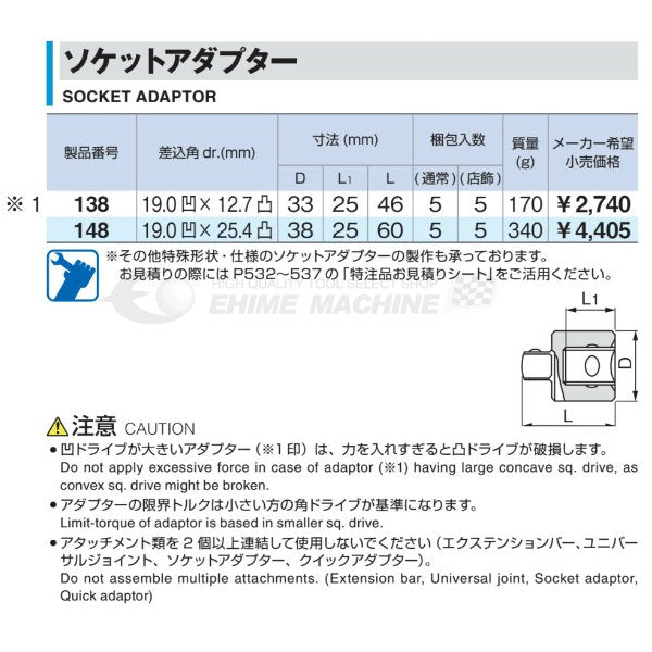  TONE トネ 19.0sq. ソケットアダプター 19.0sq.→12.7sq. 138